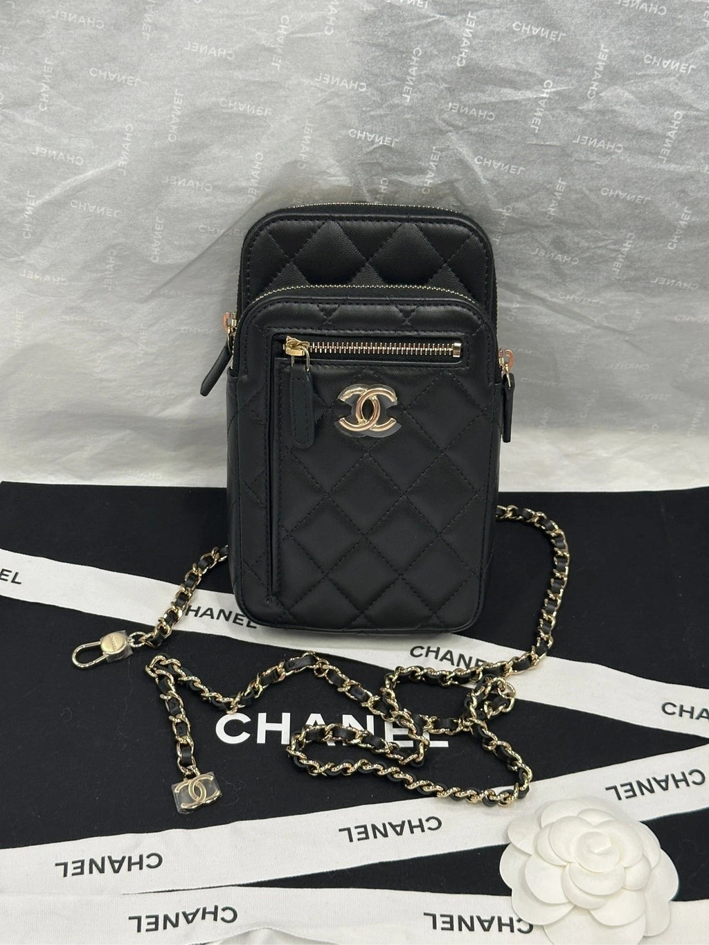 CHANEL Black Gold Lambskin Multi-card Chest Waist Bag For Women