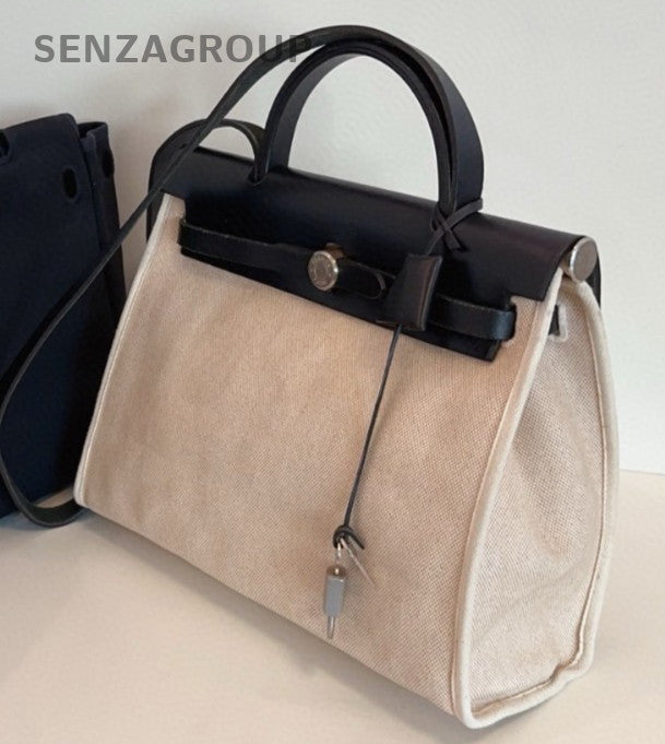 Hermes Herbag Canvas Top Handle Bag Crossbody White Black Women Classic Vintage