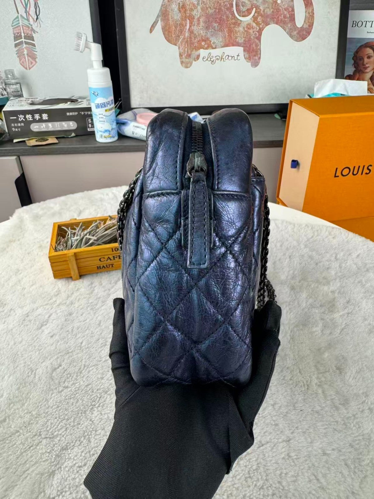 CHANEL 2.55 Camera bag Oil waxed leather Chain Shoulder bag Blue