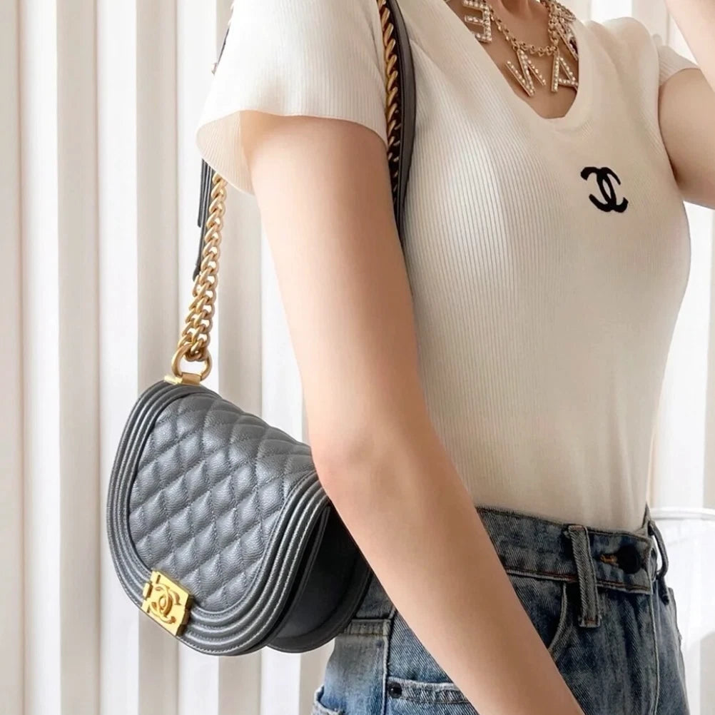 Chip Version Chanel Leboy Calfskin Gray Saddle Gold Chain Shoulder Crossbody