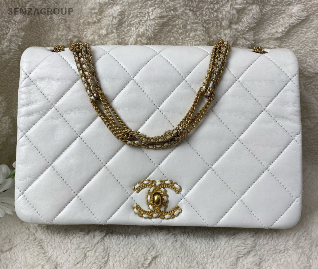 Chanel Diamond Chain Shoulder Bag White Gold Used Women Classic Fashion