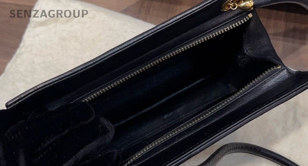 Chanel Vintage 2Way Shoulder Bag Crossbody Black Gold Women Classic