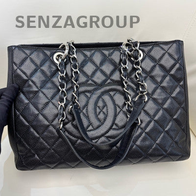 Chanel GST Black Silver CC Logo Tote Chain Shoulder Bag Quilted