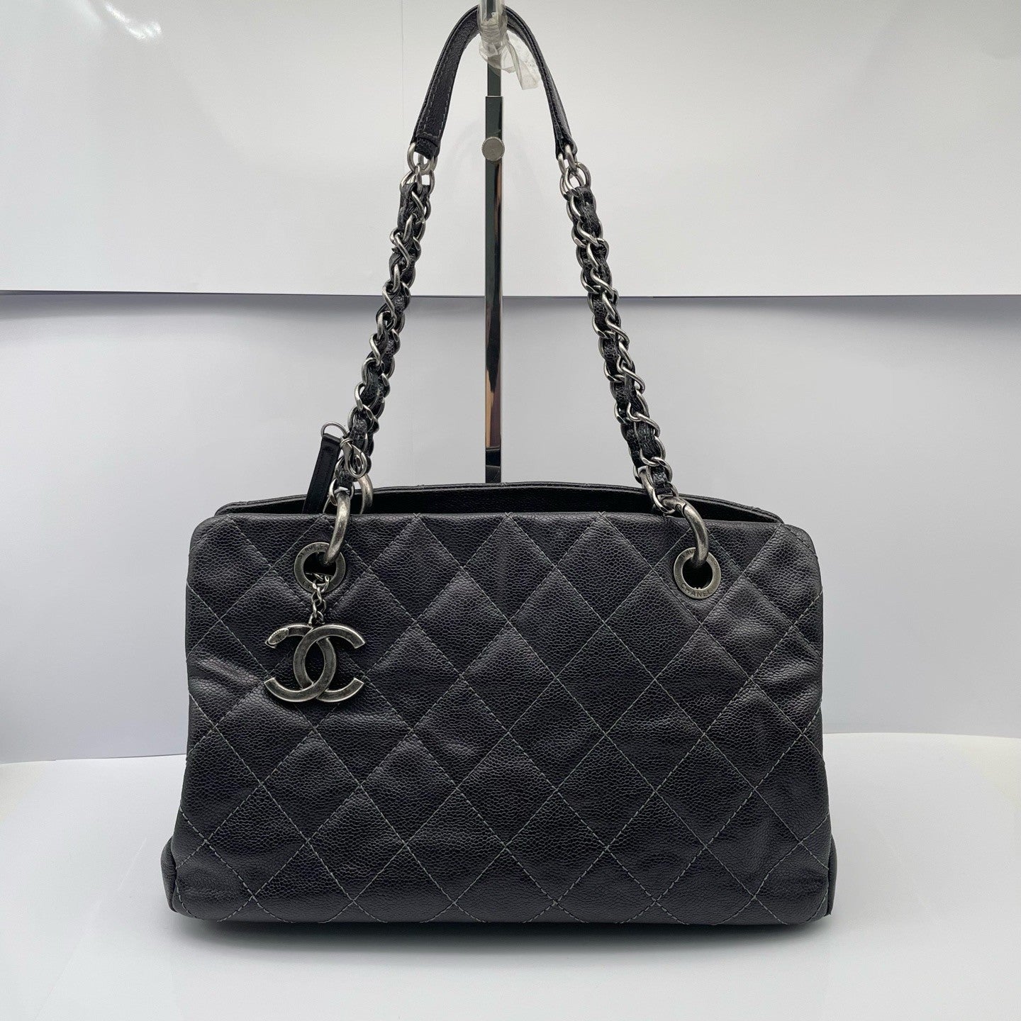 Chanel Tote Diamond Chain Shoulder Bag Black Silver Women Classic