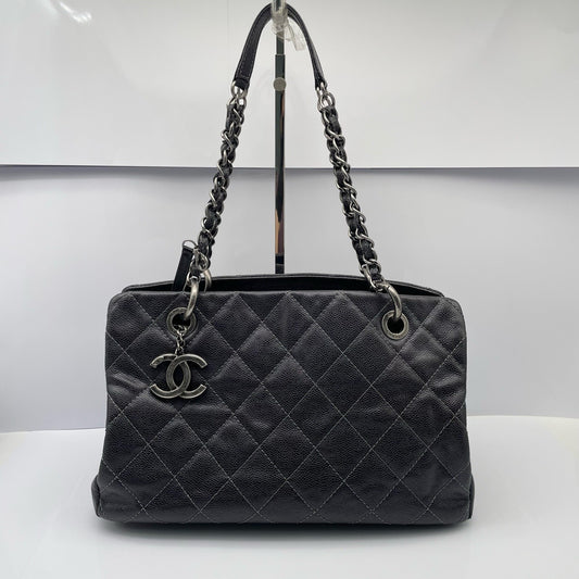 Chanel Tote Diamond Chain Shoulder Bag Black Silver Women Classic