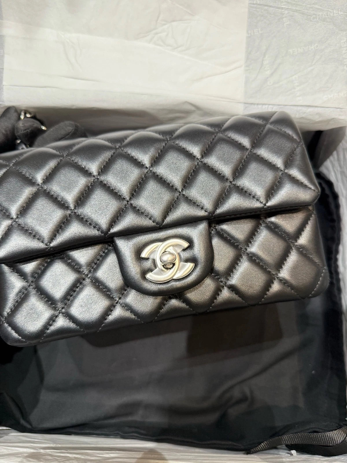 CHANEL Large Mini Lamskin Black Silver Crossbody Bag For Women