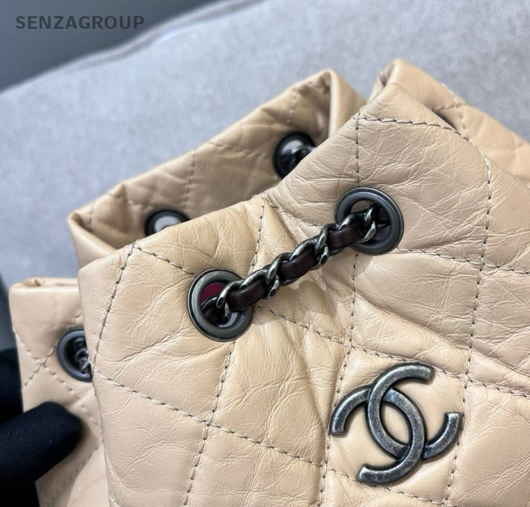 Chanel Diamond Gabrielle PM Chain Backpack Beige Brown Gold Women Classic
