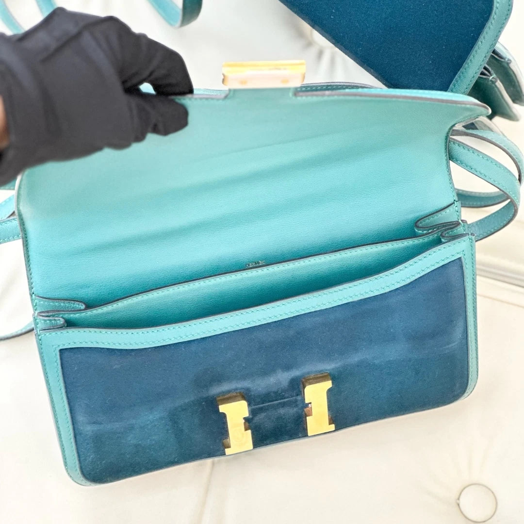 Hermes Constance Elan Suede Shoulder Crossbody Bag Green Gold Women S