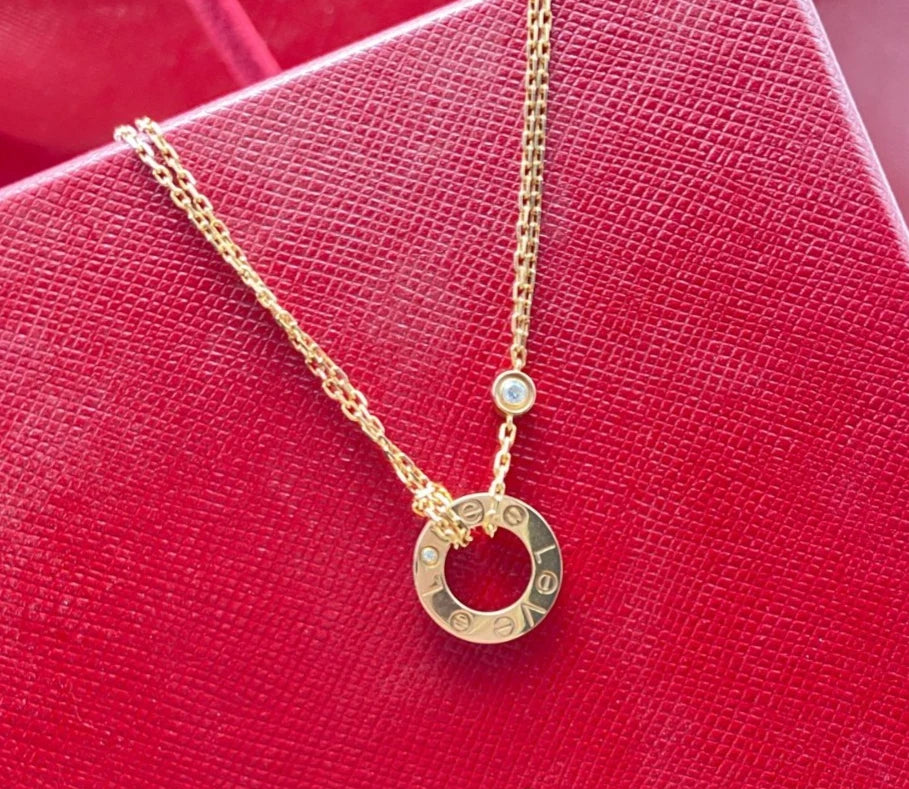 Cartier Love 18K Rose Gold 2 Diamonds Round Pendant Necklace
