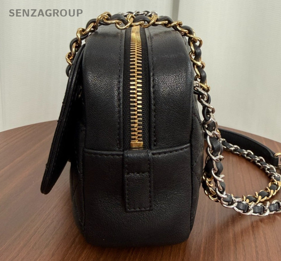 Chanel Diamond PM Calfskin Camera Chain Shoulder Bag Black Gold Women Classic