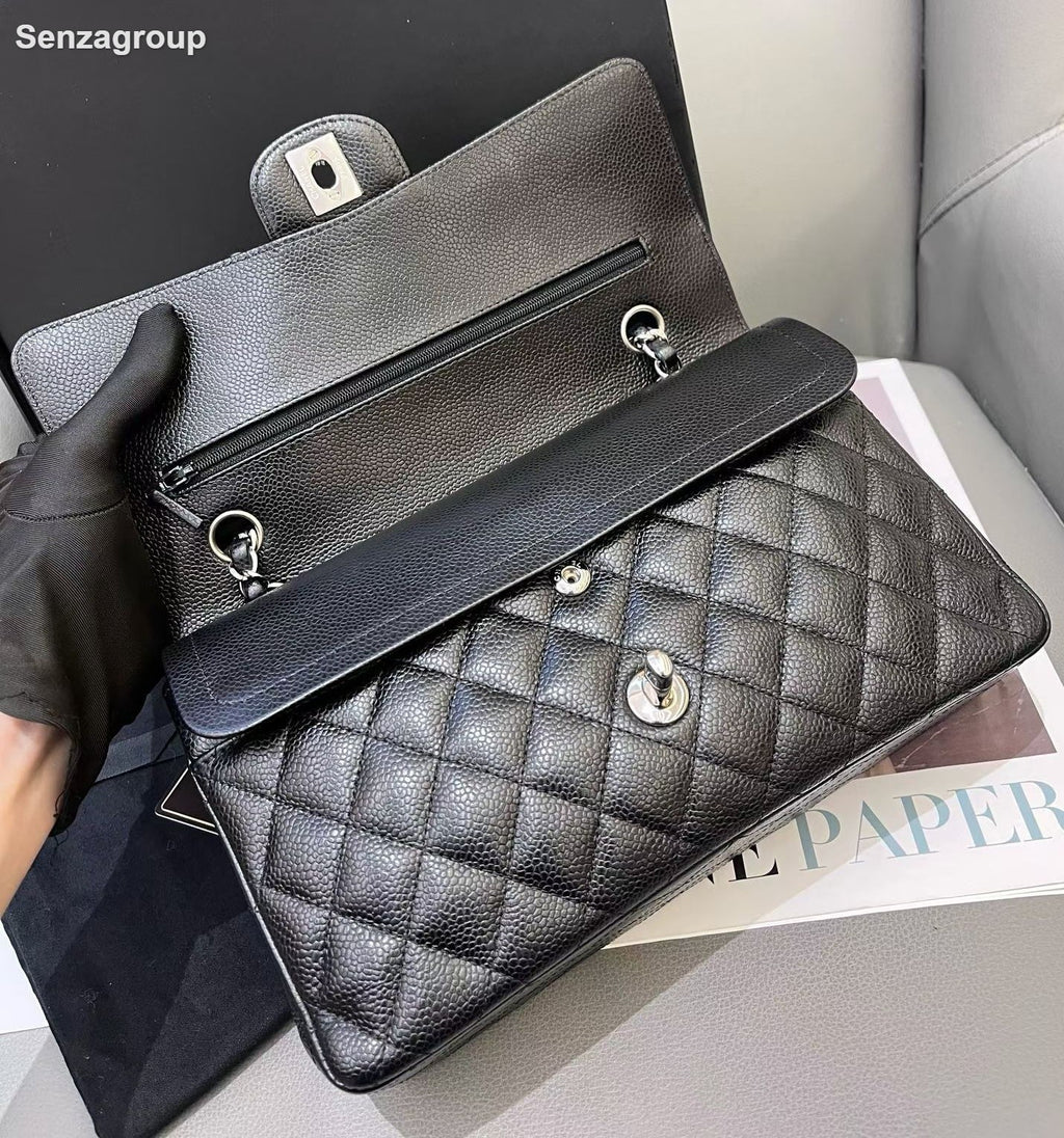 Chanel Classic Flap Chain MM Shoulder Bag Crossbody Black Silver Women Fashion