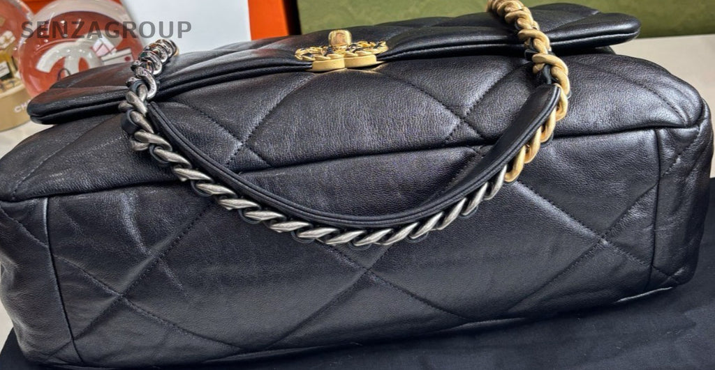 Chanel 19 Maxi Chain Shoulder Bag Crossbody Black Gold Women Classic