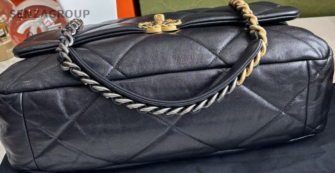 Chanel 19 Maxi Chain Shoulder Bag Crossbody Black Gold Women Classic