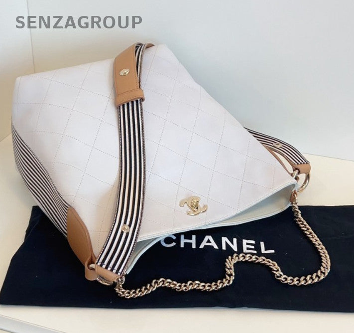 CHANEL Calfskin Bucket Diamond pattern Cream White 2way Chain Shoulder bag Women