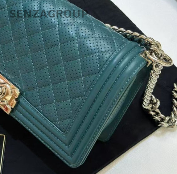 Chanel Leboy MM Chain Shoulder Bag Crossbody Green Silver Diamond Women Classic