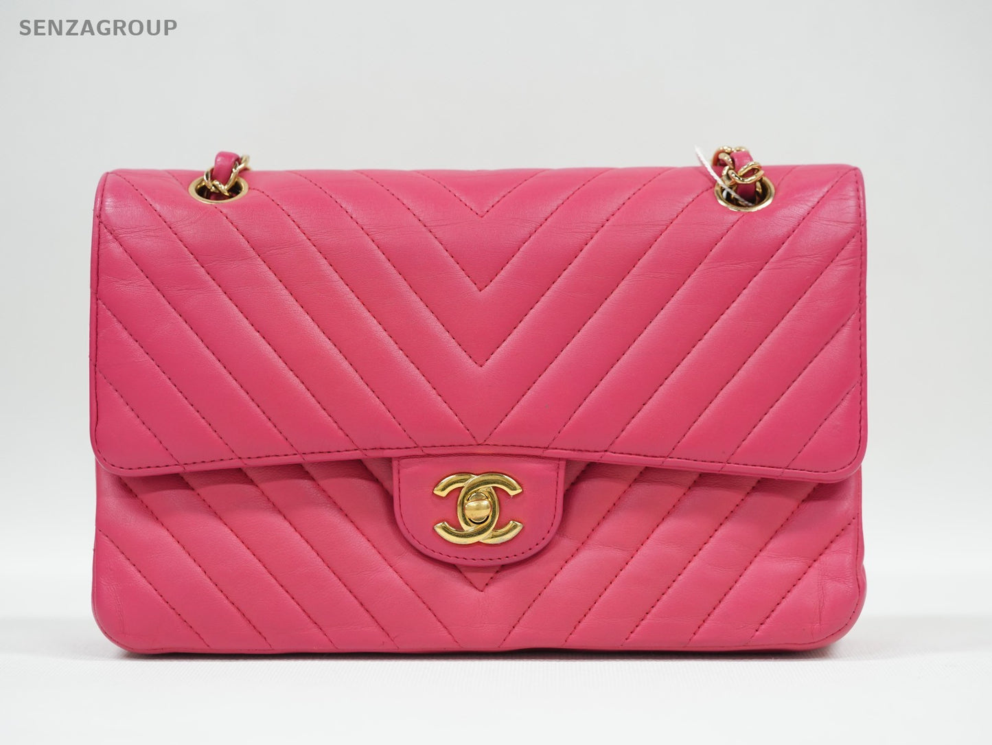 CHANEL Classic Flap MM V-Shape Pattern Chain Shoulder bag Pink Gold Women