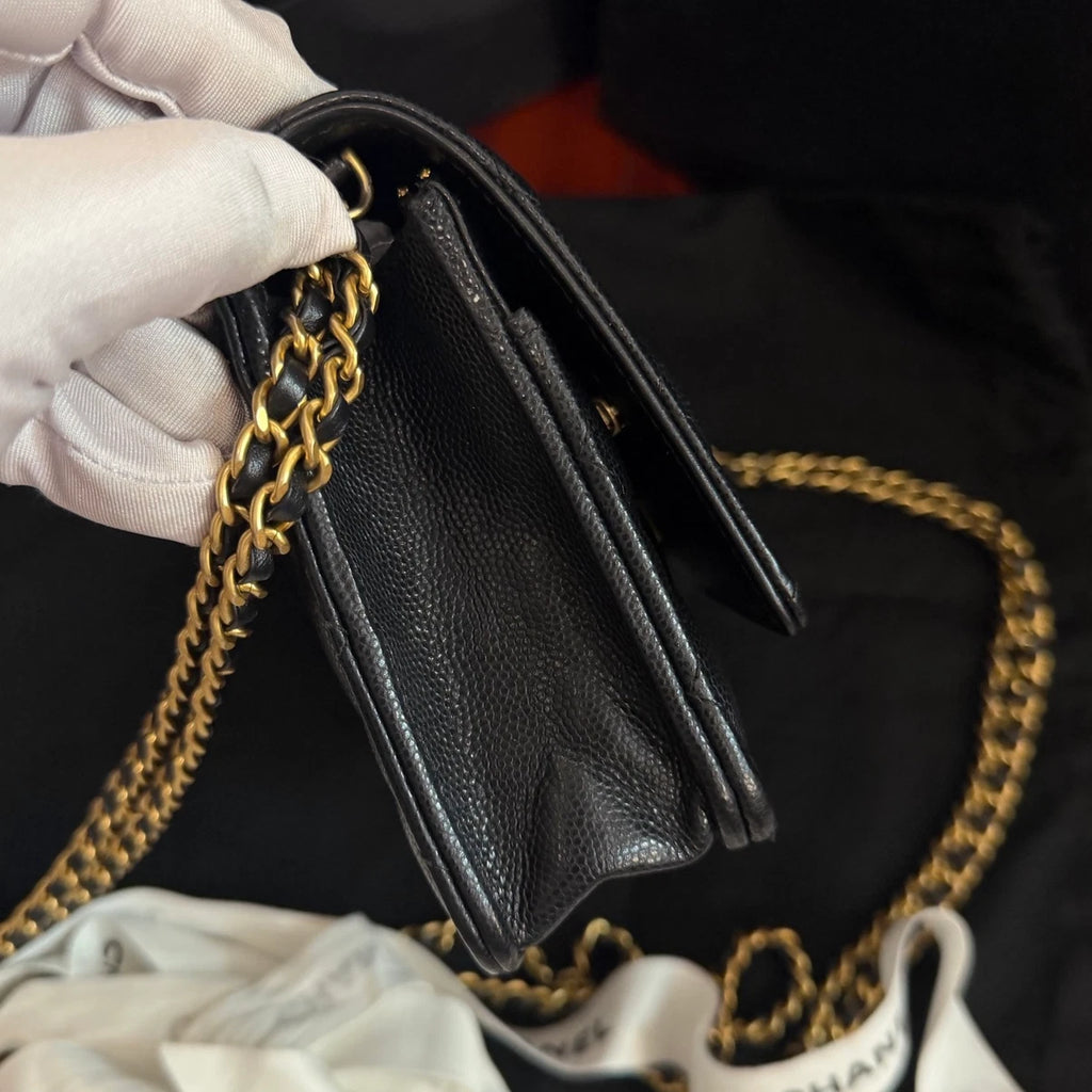 Chanel Classic Flap WOC Calfskin Chain Shoulder Crossbody Black Gold Women