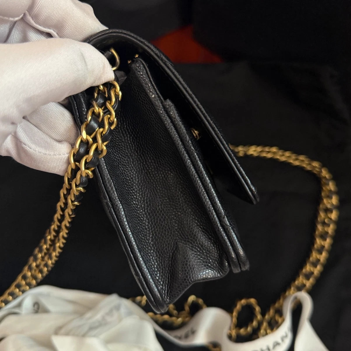 Chanel Classic Flap WOC Calfskin Chain Shoulder Crossbody Black Gold Women