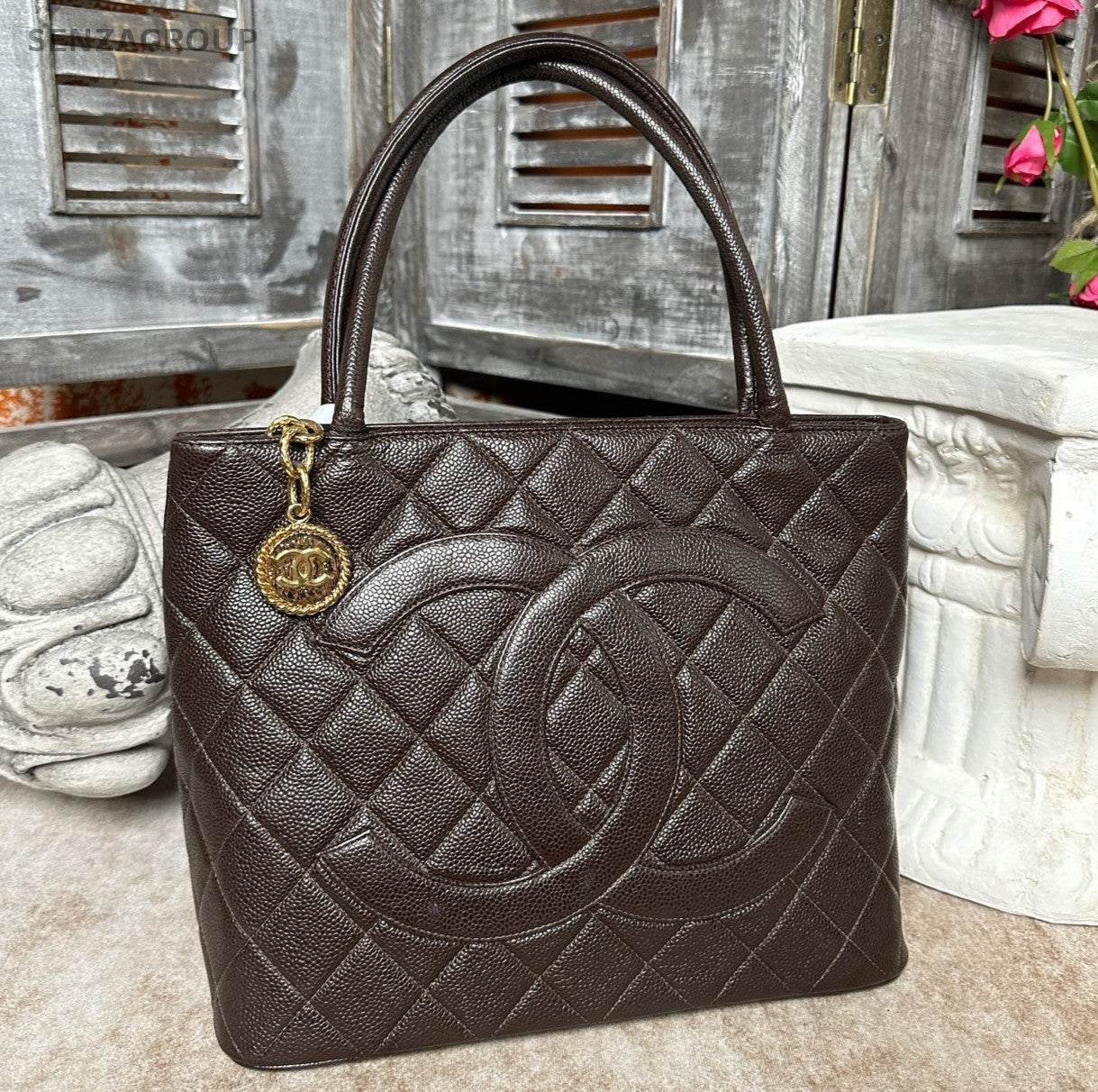 Chanel Paris-New York Flap Vintage Handbag Top Handle Bag Brown Gold Used Women