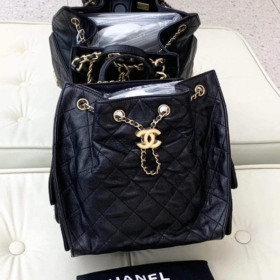 Chanel Calfskin Backpack PM Diamond Chain Top Handle Bag Black Gold Women S