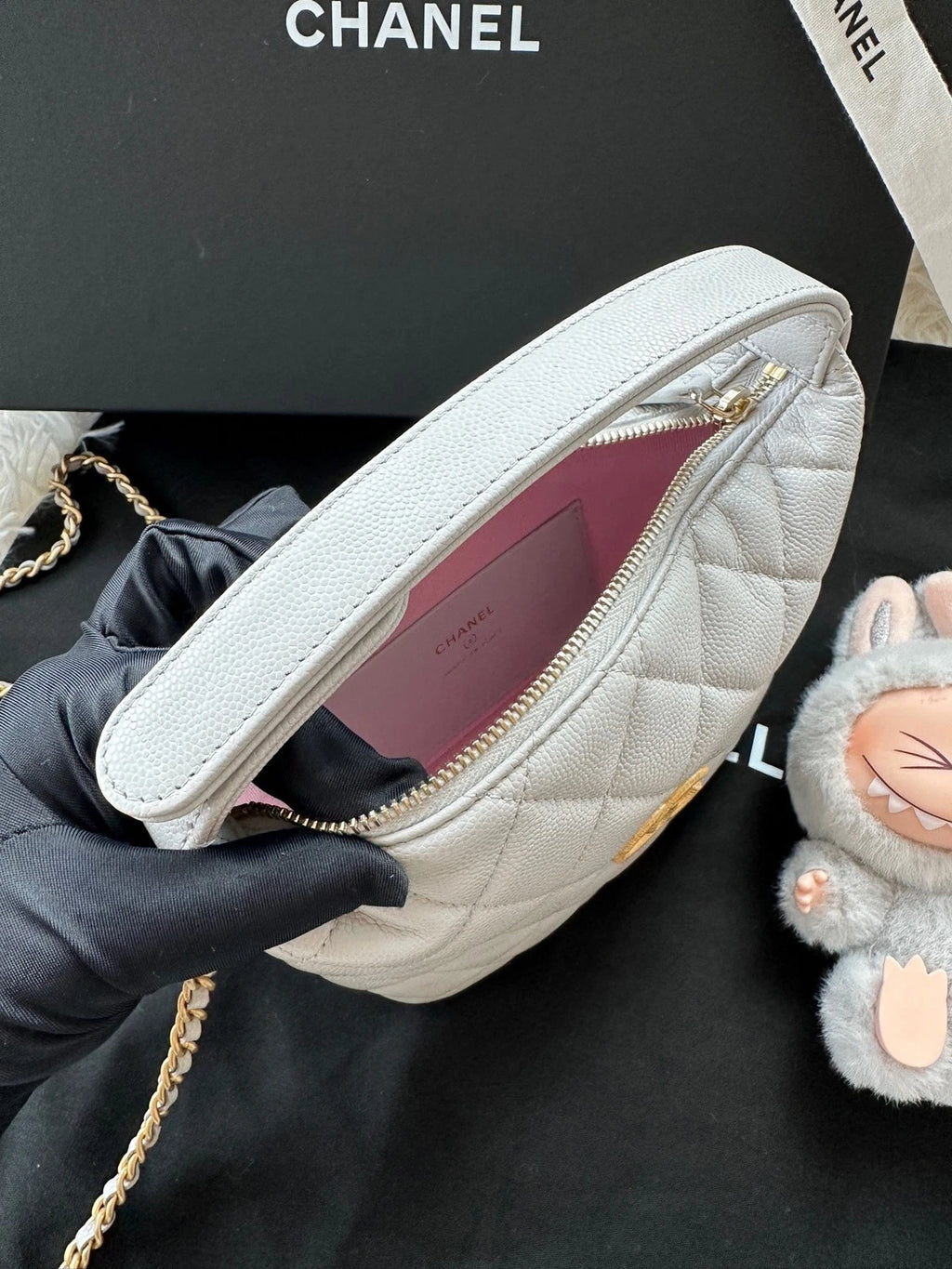 New CHANEL Gray Leather Lunch Box Bag For Women Handbag Shoulder Crossbody