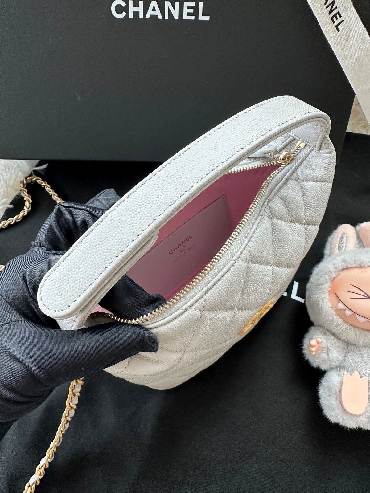 New CHANEL Gray Leather Lunch Box Bag For Women Handbag Shoulder Crossbody