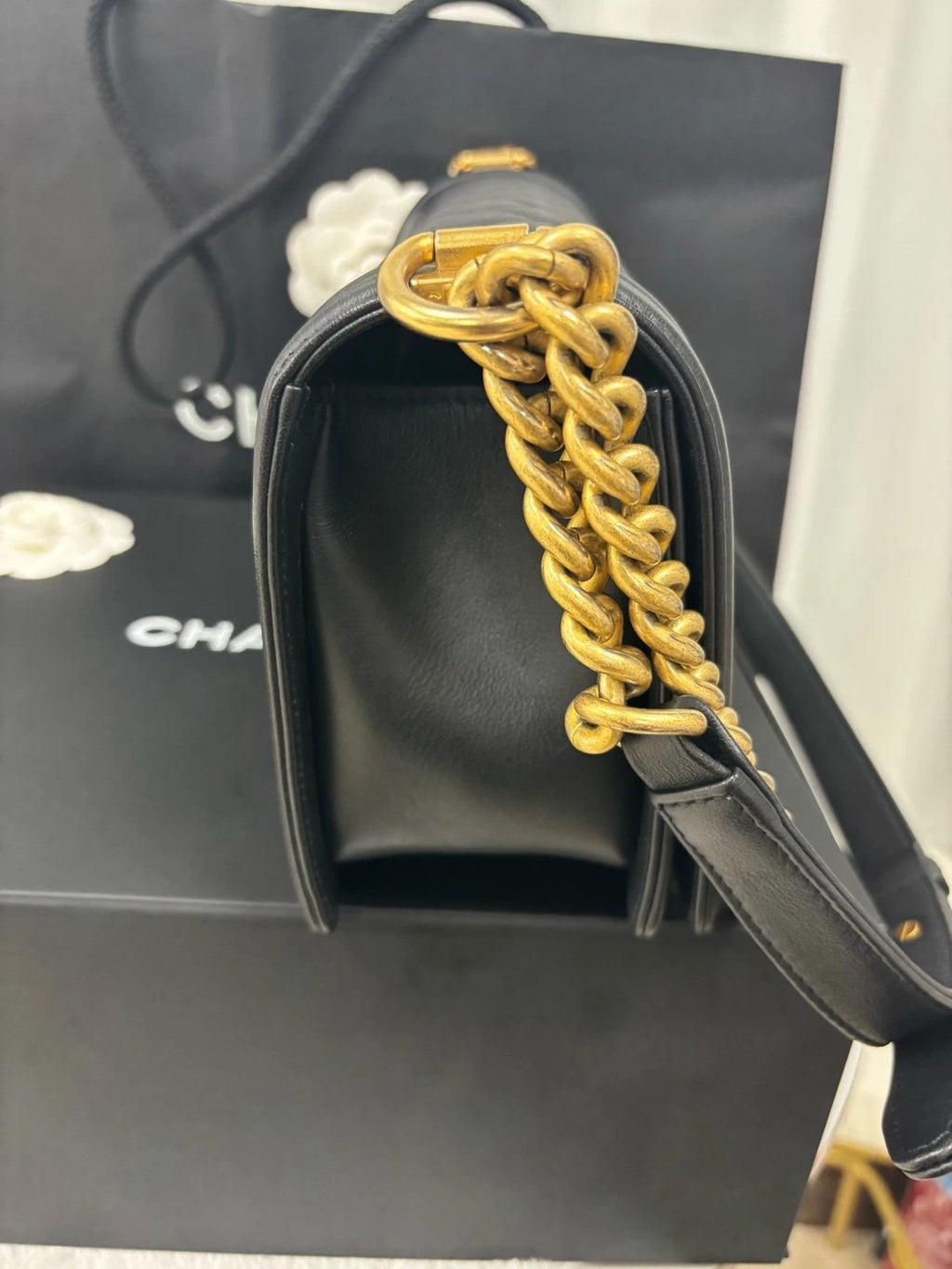 CHANEL Leboy Medium Black Gold Calfskin Shoulder Bag For Women