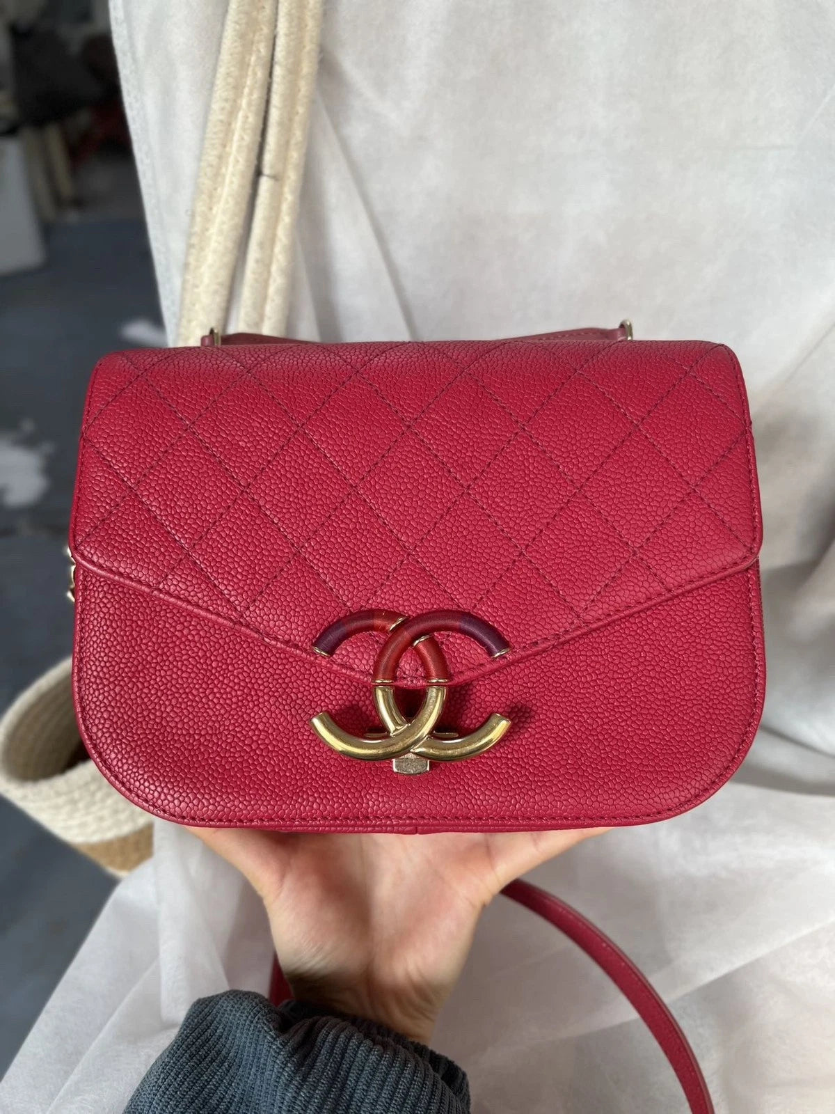 Chanel Coco Curve Cuba Calfskin Chain Shoulder Crossbody Red Gold Women Classic