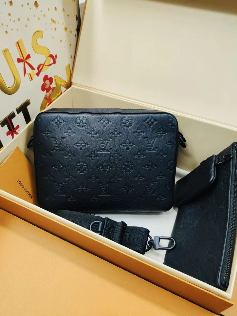 Louis Vuitton Black Trio Embossed Leather Crossbody Messenger Bag For Unisex