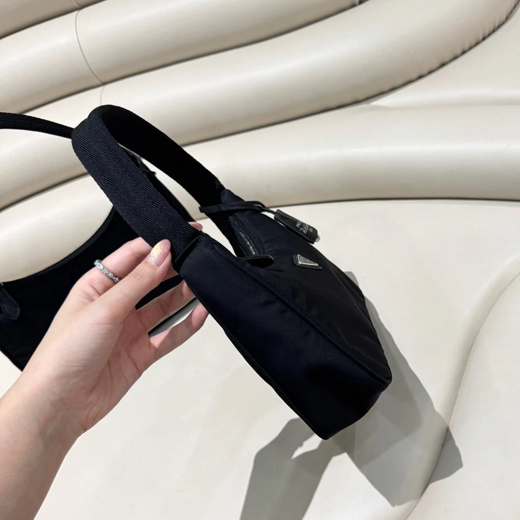 Excellent Condition Prada Hobo Nylon Handbag Shoulder Bag Black Silver Hardware
