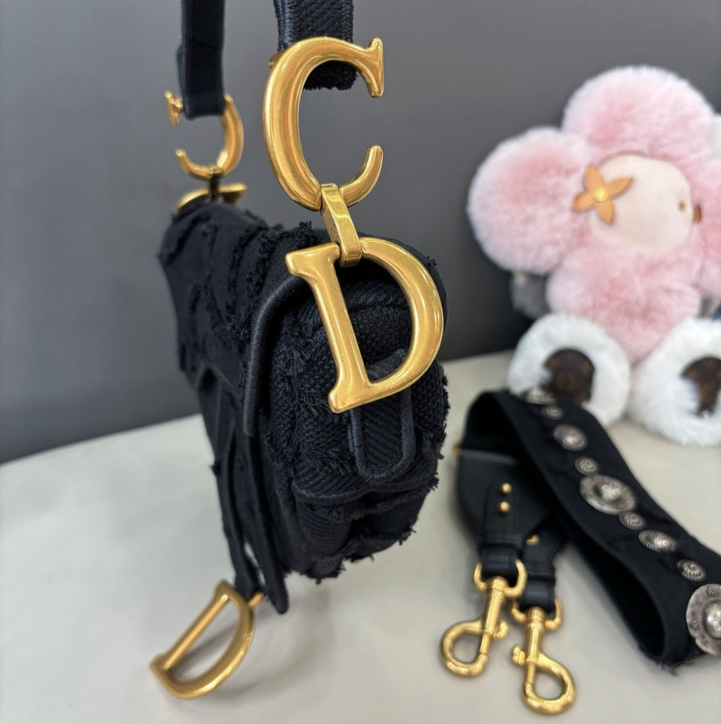 Christian Dior Saddle MM Canvas Top Handle Shoulder Crossbody Black Gold Women