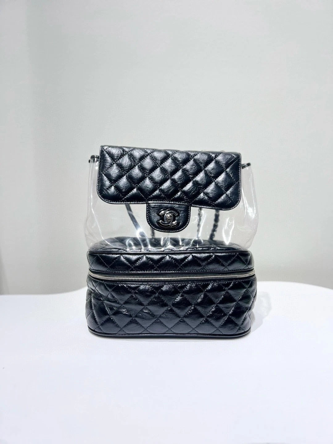 Authentic CHANEL Black Silver PVC Transparent Jelly Shoulder Bag For Women