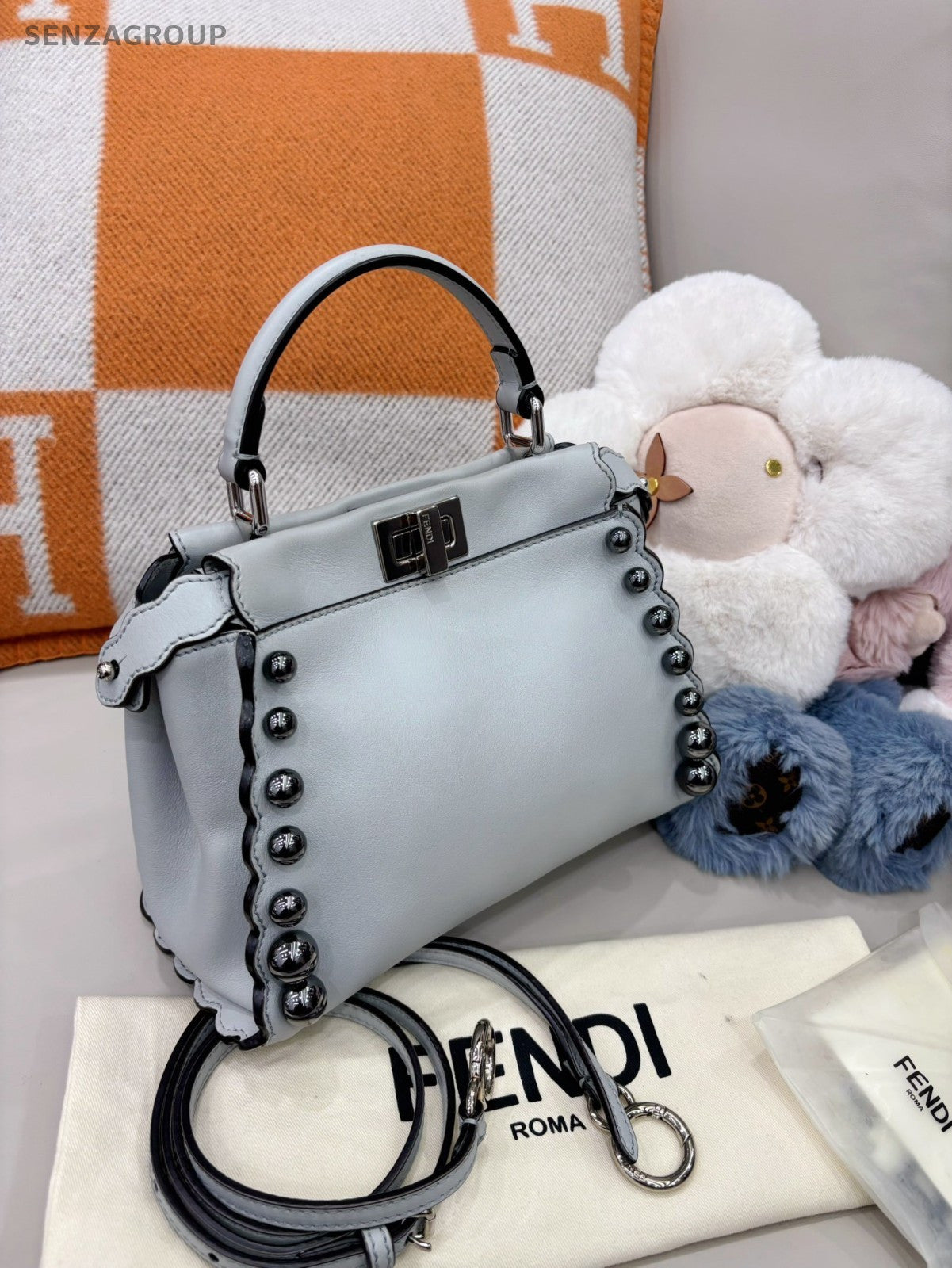 FENDI Peekaboo PM Top Handle 2way Shoulder Handbag Light gray Women Classic