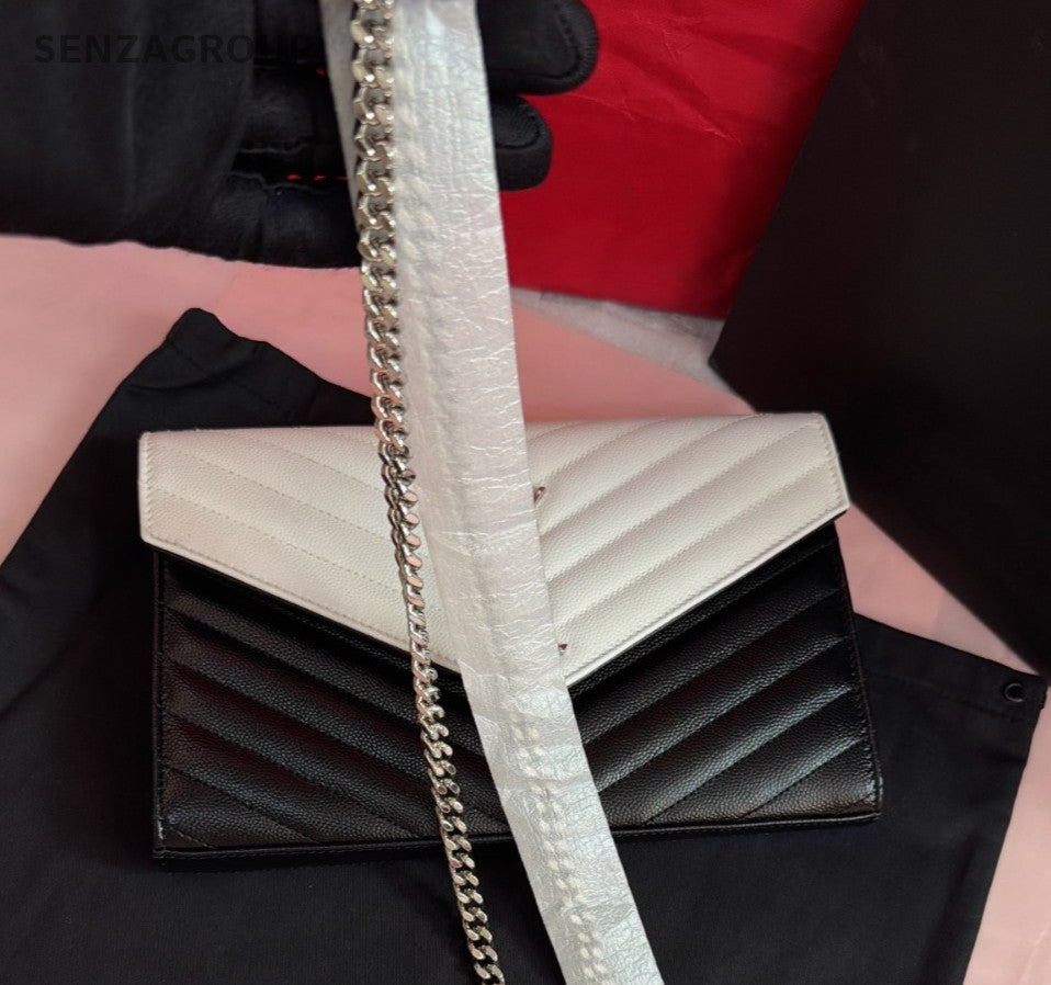 Saint Laurent Calfskin Envelope Shoulder Bag Crossbody Black White Silver Women