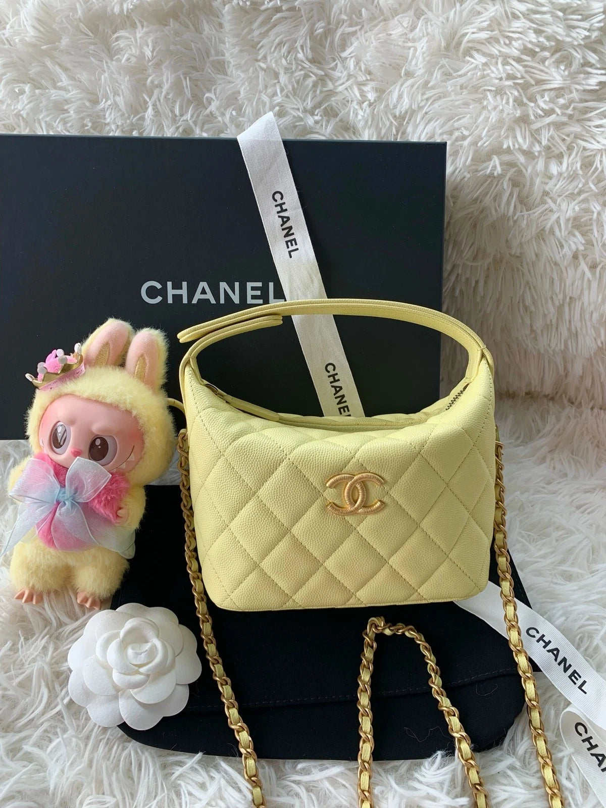 CHANEL Yellow Calfskin Logo Top Handle Lunch Box Bag For Women