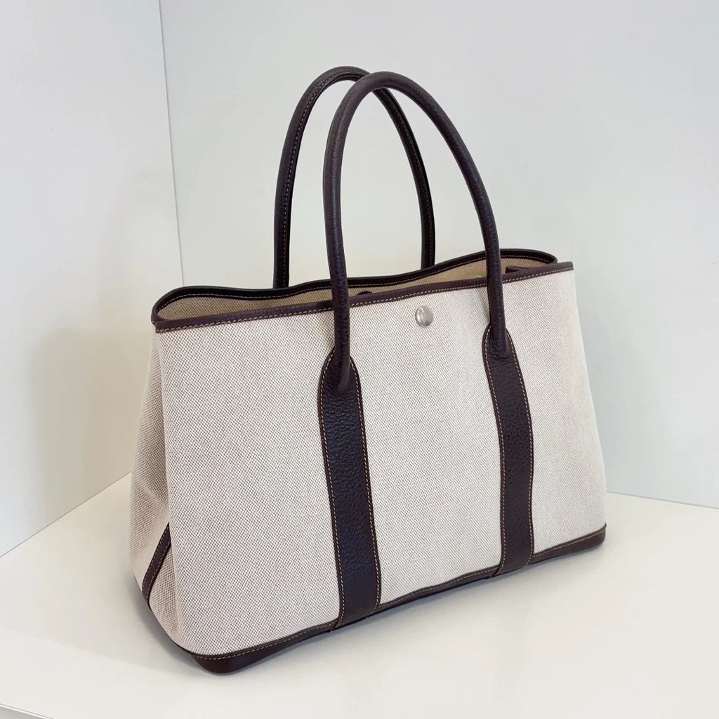 Hermes Garden Party36 Canvas Top Handle Bag White Brown Silver Women Classic