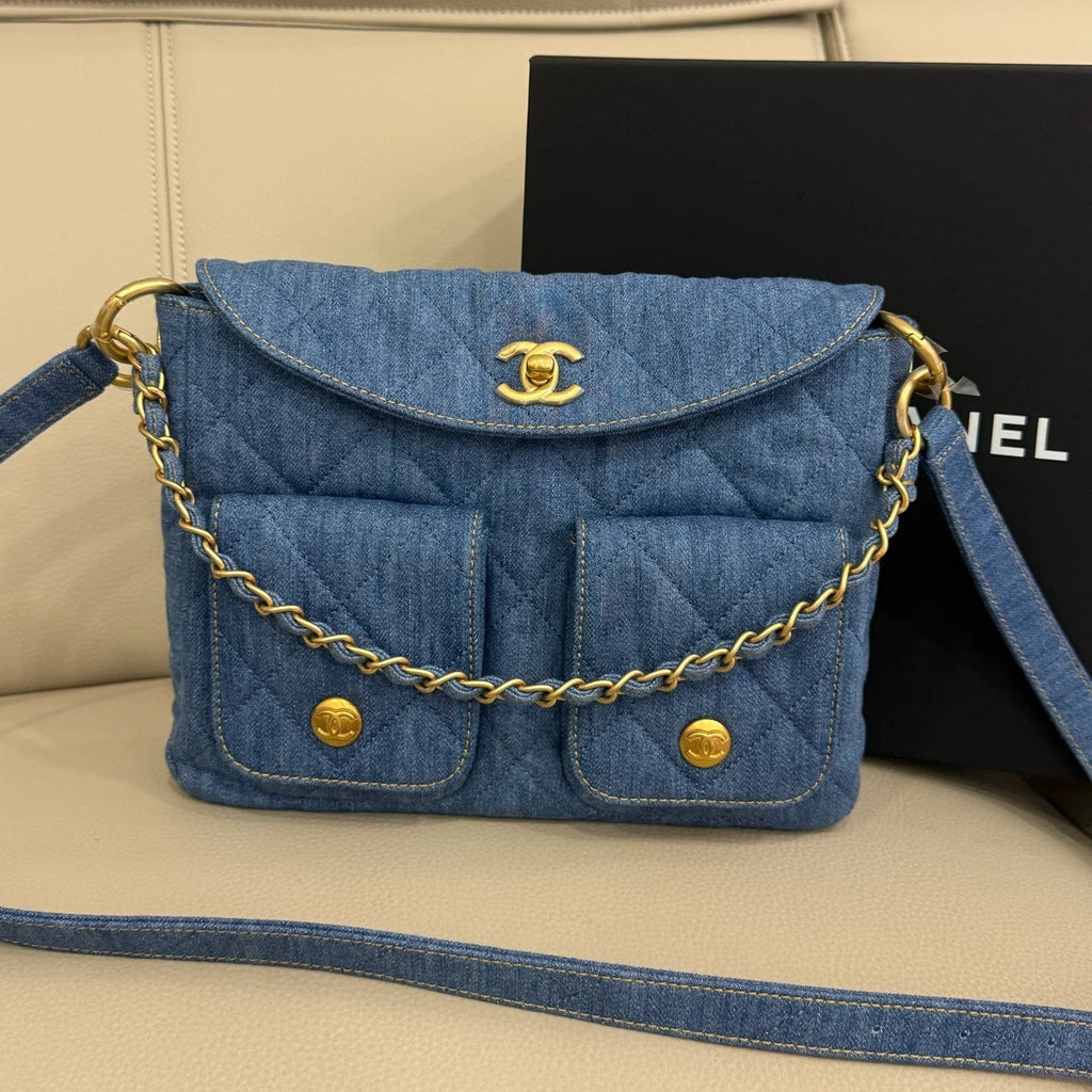 CHANEL Supple Twins Denim Blue Shoulder Bag For Women