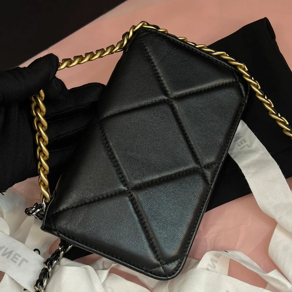 Chanel 19Bag WOC Lambskin Mini Chain Top Handle Crossbody Black Gold Women