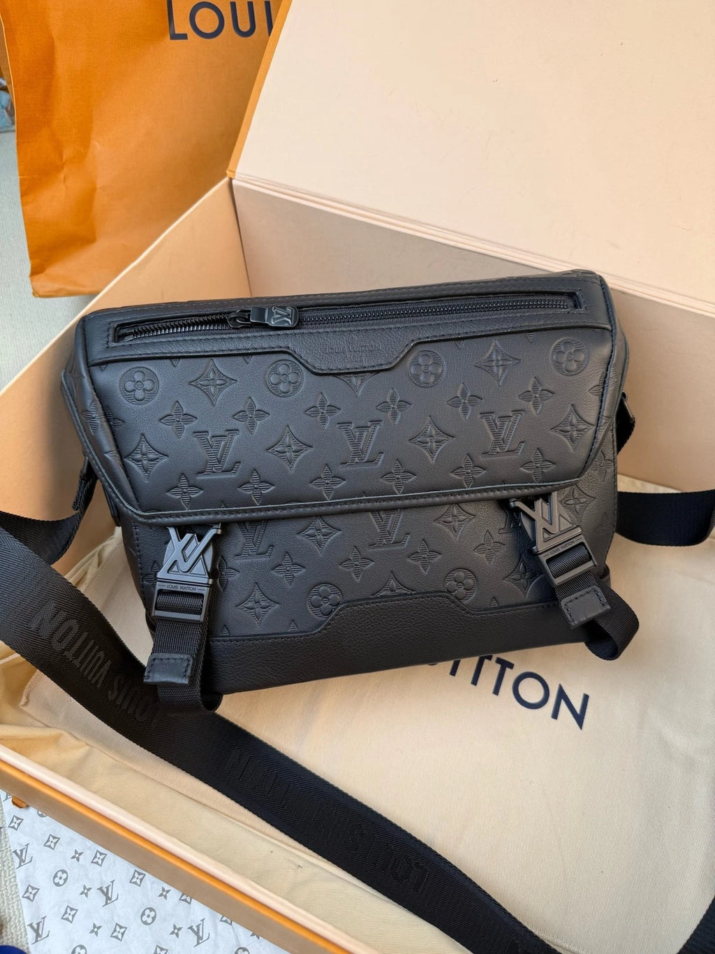 Louis Vuitton Voyager Monogram Shadow Black Embossed Leather Messenger Bag