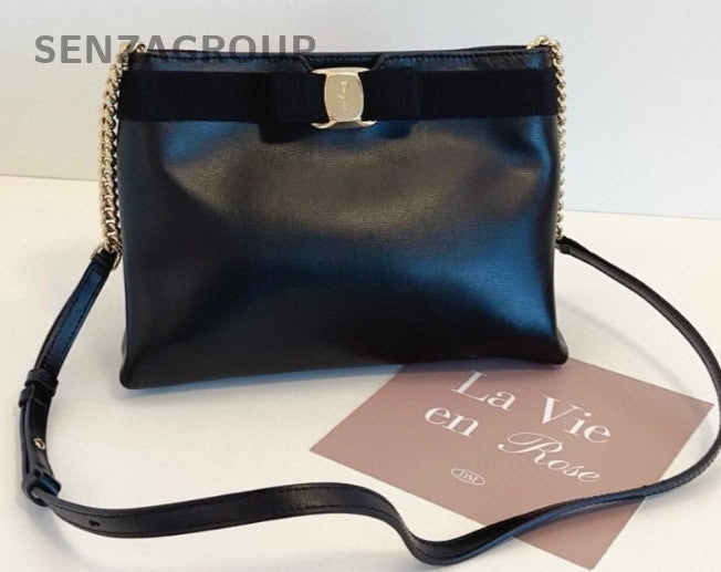 Ferragamo Leather Hobo Bag 2ways Shoulder Crossbody Bag Women Black