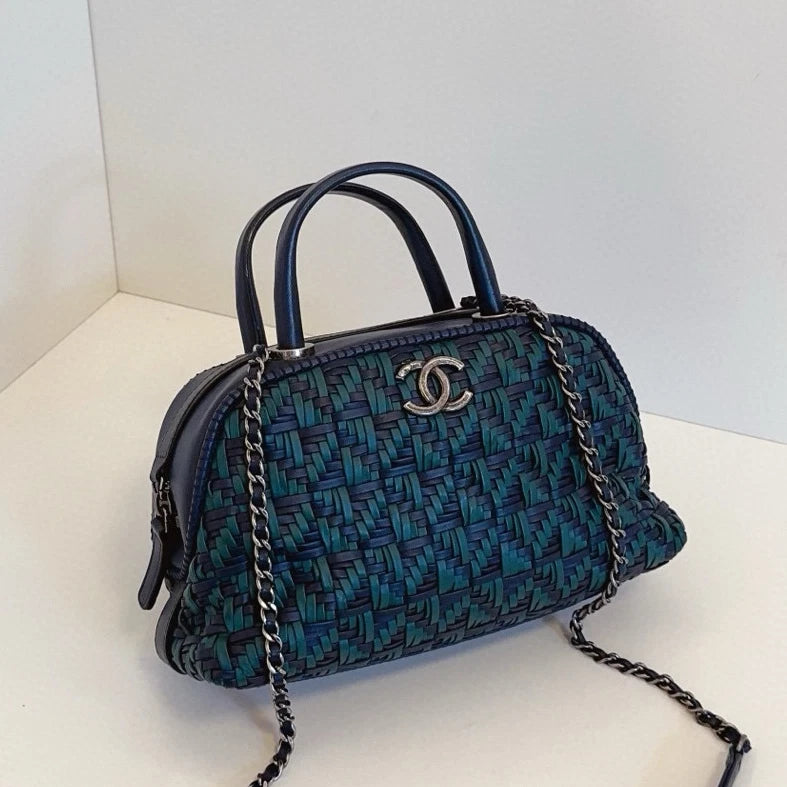 Chanel Bolide PM Calfskin Top Handle Crossbody Green Navy Silver Women Classic