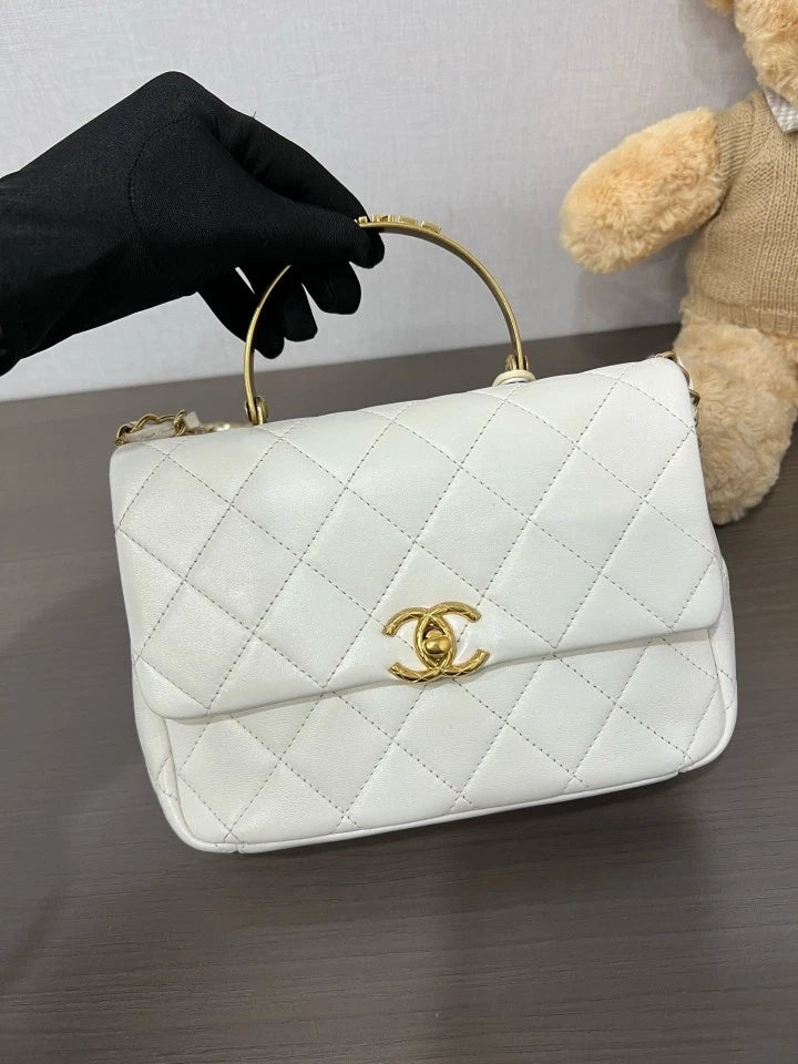 Authentic CHANEL White Diamond Top Handle Bag Crossbody For Women