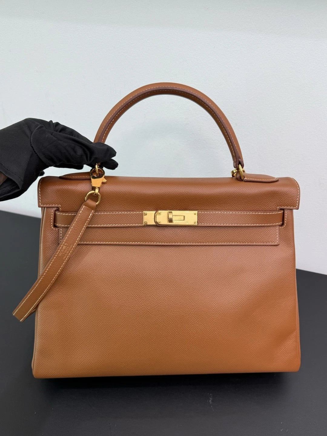Authentic Hermes Kelly 32 Courchevel Tote Top Handle Crossbody Bag Brown GHD