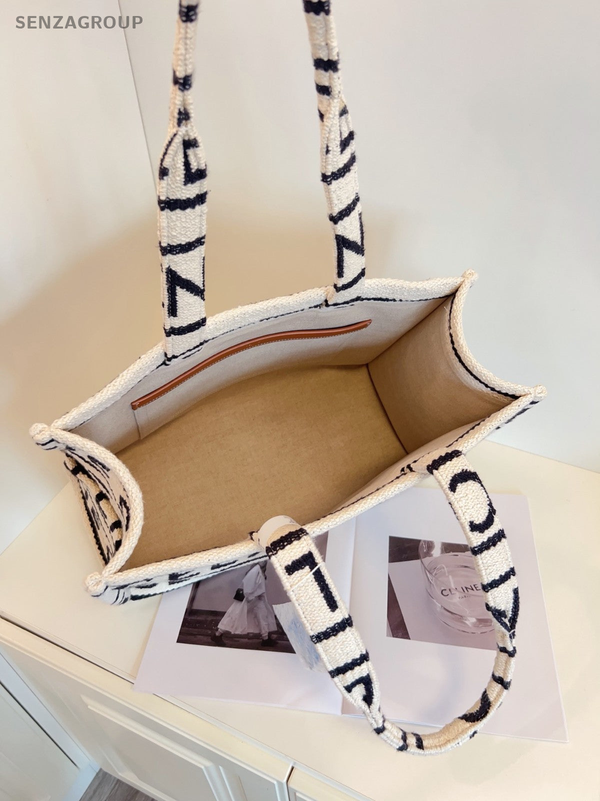 CELINE Tote Black and white letter print Canvas Shoulder Handbag Women