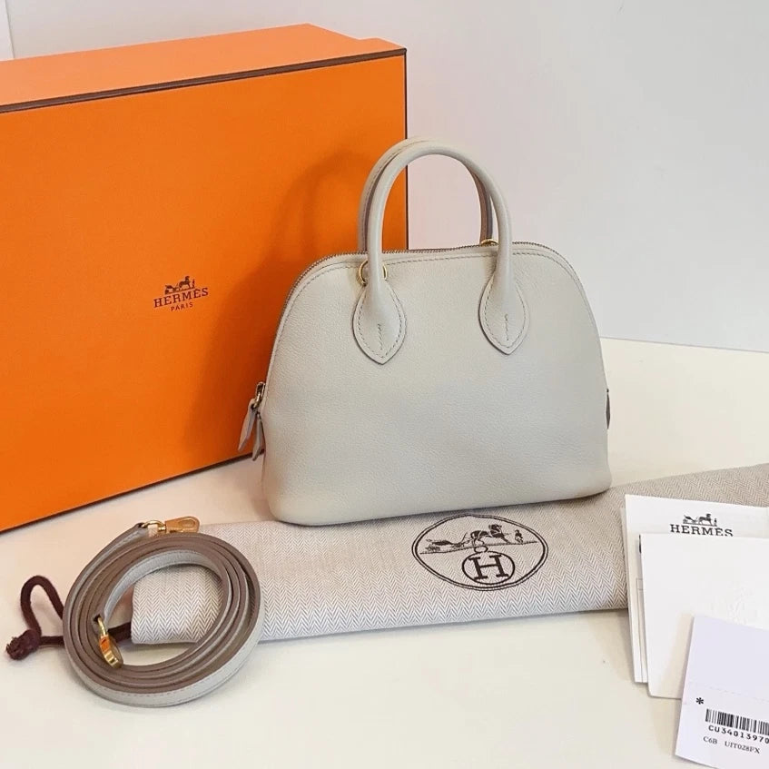 Hermes Bolide Mini Top Handle Crossbody White Silver Women Classic Fashion