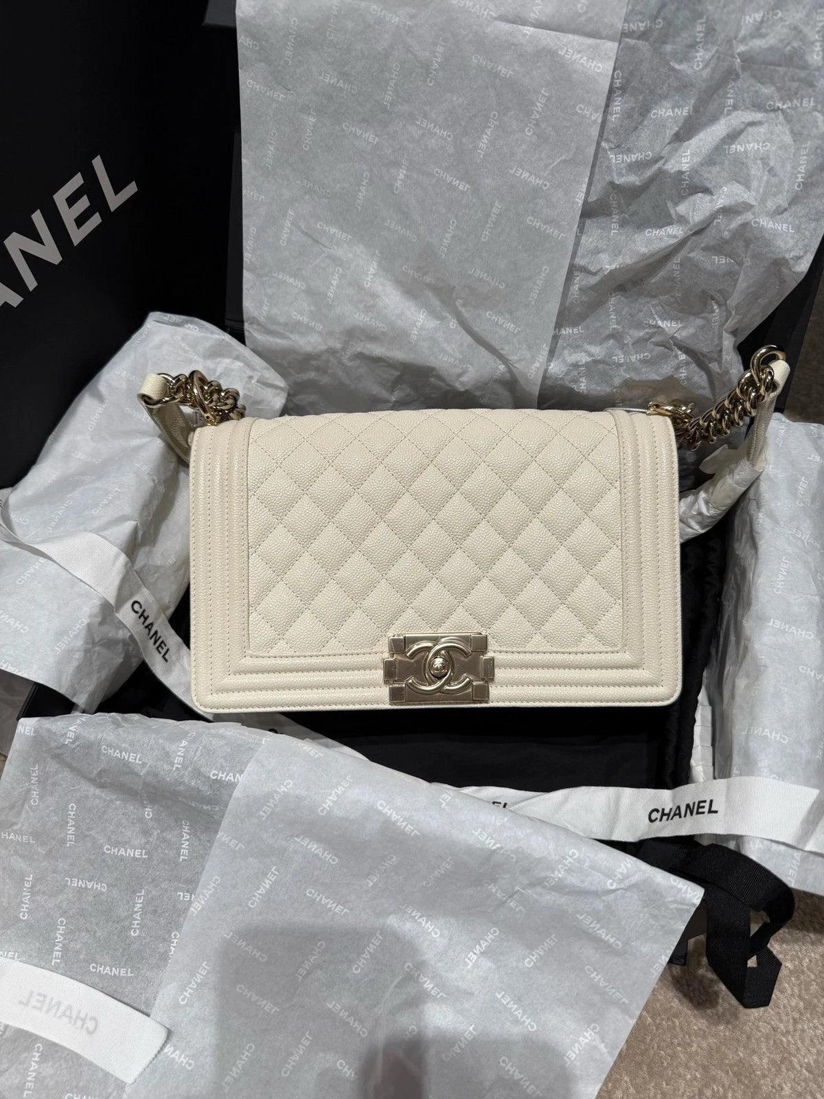 CHANEL Leboy Medium White Leather Shoulder Bag For Women