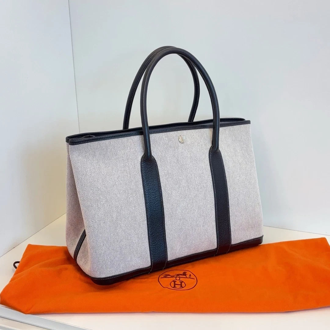 Hermes Garden Party 36 Tote Top Handle Bag White Black Women Classic
