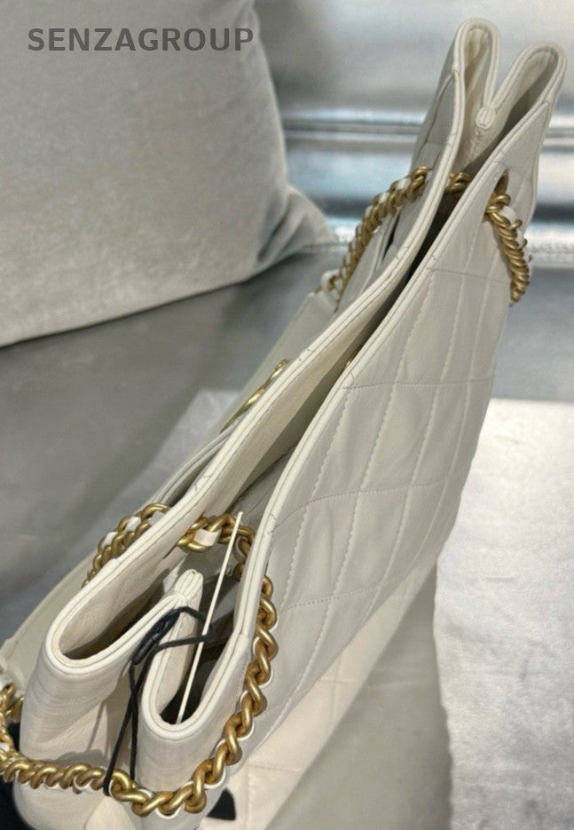 Chanel Calfskin Tote Chain Shoulder Bag White Gold Used Women Diamond Classic