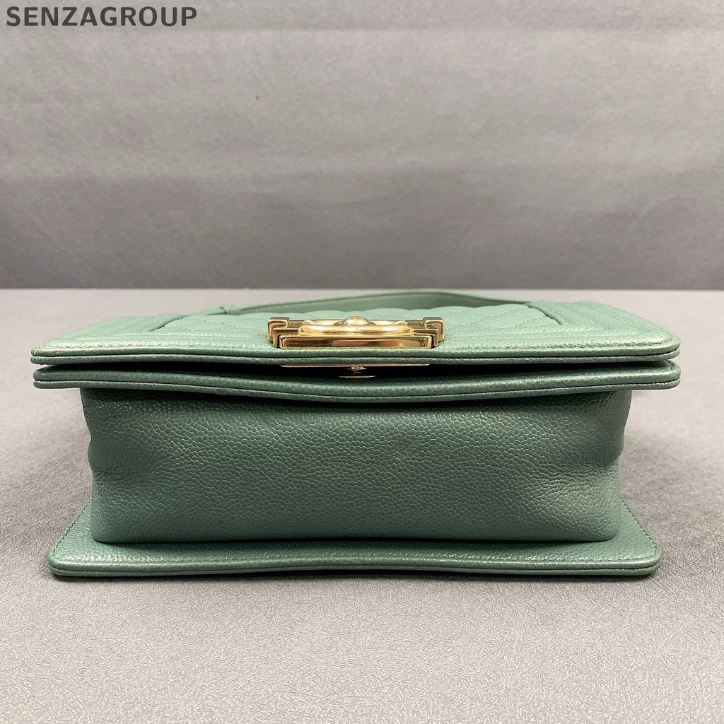 Chanel Small Boy Bag Green Gold Quilted Classic Chain Shoulder Crossbody
