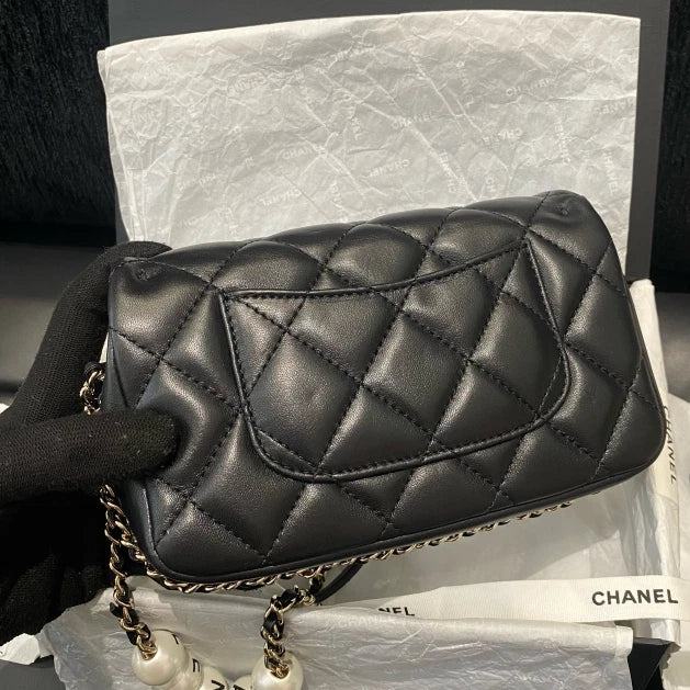 Chanel Classic Flap Mini Chain Shoulder Crossbody Bag Black Gold Women D